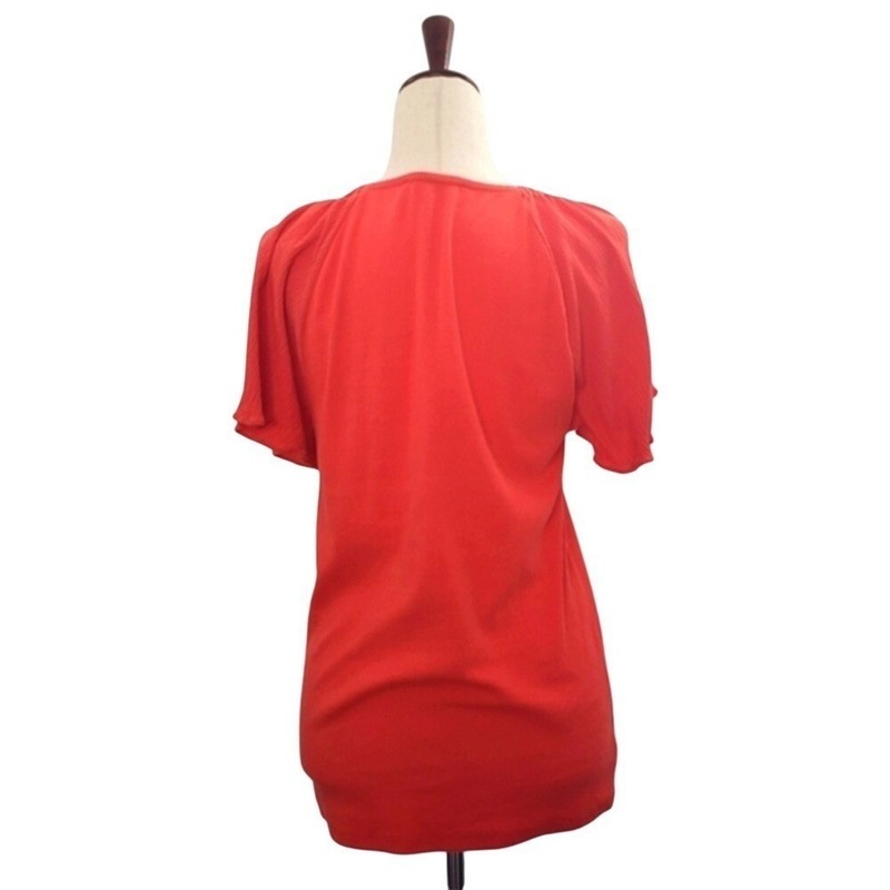 LOFT Women Coral Orange Flutter Sleeve V-Neck Ribbed Knit Top Large gallery