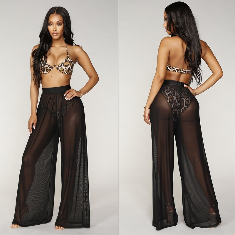 Female Beach Mesh Sheer Bikini Cover Up Swimwear Wide Leg Long Pants Trousers
