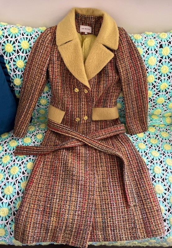 Vintage Mr. Water Belted Long Tweed Coat STATEMENT Fuzzy Collar Size XS