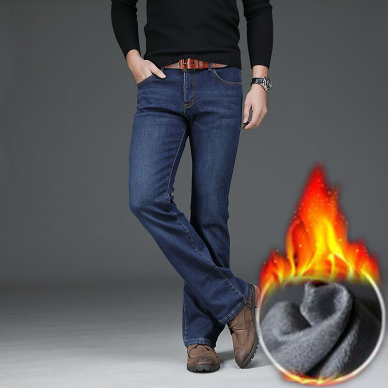 Men Fleece Lined Stretch Denim Pants Bootcut Jeans Trousers Winter Thermal Blue