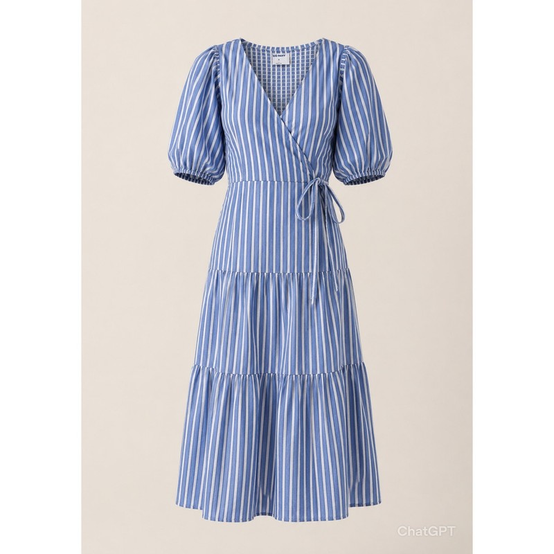 OLD NAVY Cottagecore Coastal Resortwear Blue Stripe Wrap Cotton Dress Smocked M