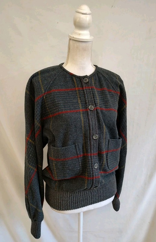 80s Vintage Valentino Boutique Sweater Shirt Banded Bottom Gray Soft Wool Plaid