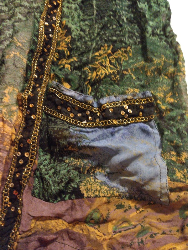 Womens Elegant Sheer Artsy Open Front Duster Size L Gold Hem Trim Unique Flowy gallery