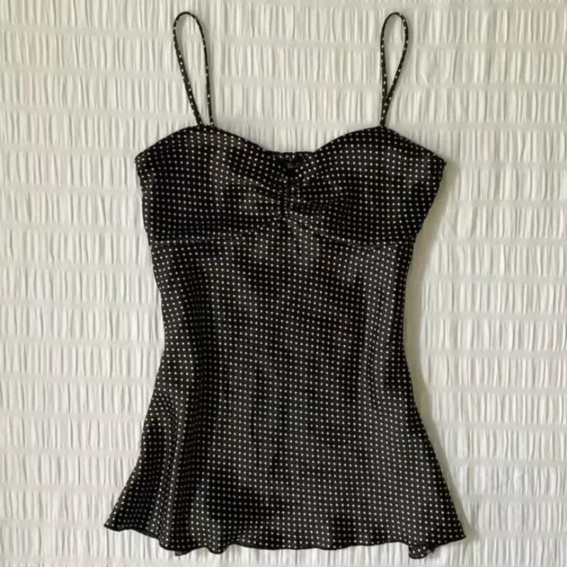 Polka Dot Cami Top Y2K Slim Fit Spaghetti Strap Womens Tank Blouse Small