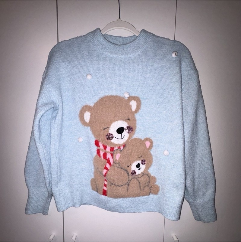 Primark Cares Girls Blue Bear Graphic Crewneck Knit Sweater Long Sleeve S