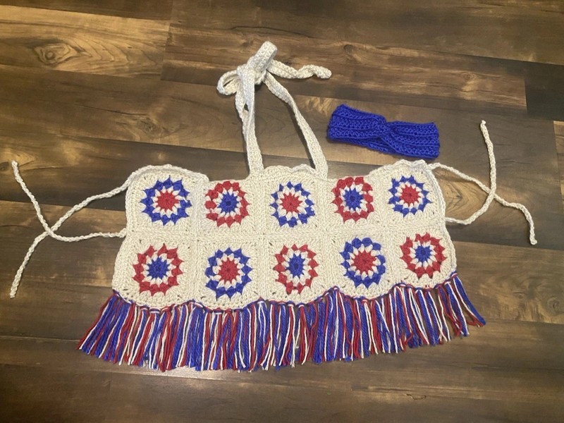 Crochet Halter Top Fringe Floral Tie Closure Red White Blue toddler 2T-3T gallery