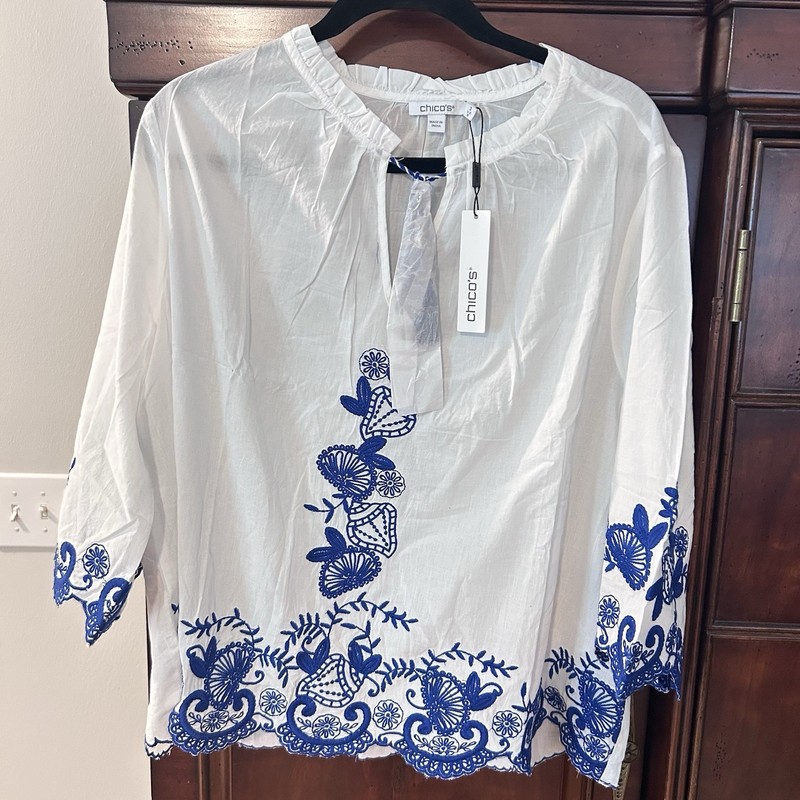 NWT Chico’s Split Neck Blouse with Shell Embroidary in Rich Cobalt Size XL