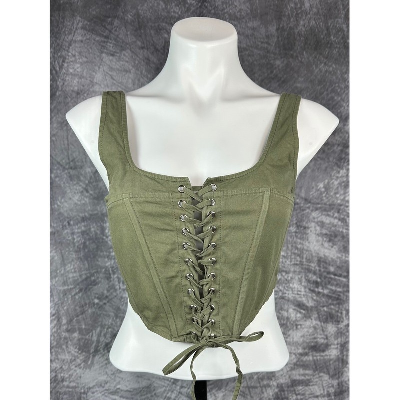 Fairycore Adjustable Corset Top Womens Small Olive Green Lace Up Front Festival