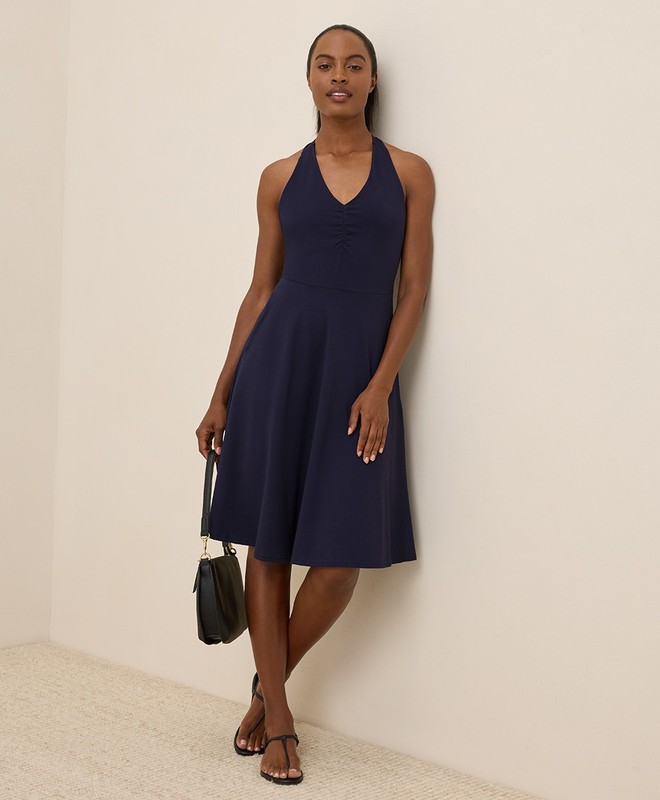 Pact Women’s Fit & Flare Gathered Halter Dress Medium Eclipse Purple