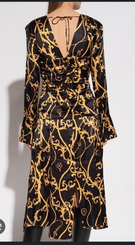 GANNI Baroque Print Silk Blend Ruched Midi Dress Black Gold EU 36 US 4 gallery