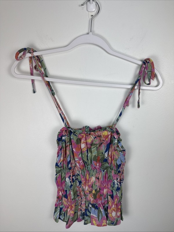 Takara Smocked Fitted Camisole Boho Peplum Pink Green Tropical Floral Tank Top M