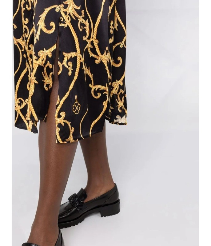 GANNI Baroque Print Silk Blend Ruched Midi Dress Black Gold EU 36 US 4 gallery