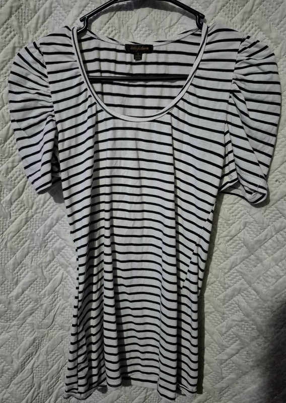 Into Fashion Striped Short Puff Sleeve Casual Fitted Shirt Size Small