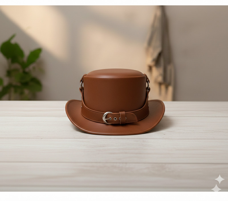Premium Brown Leather Steampunk Top Hat with Harness, Gothic Costume Headwear
