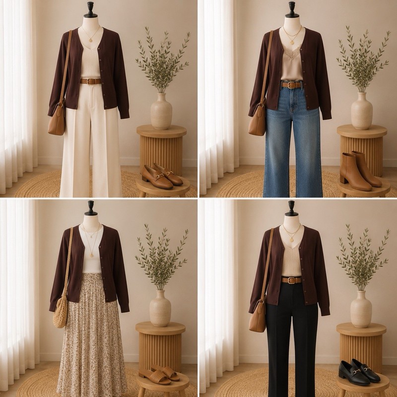 Cable & Gauge 1X Chocolate Brown V-Neck Button Front Cardigan Sweater Plus Size gallery
