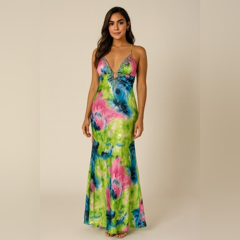 Masquerade Multicolor Beaded Evening Gown, best fits Small