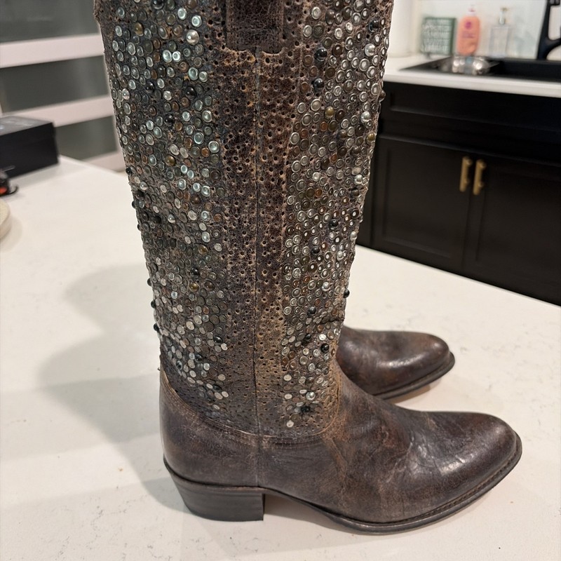 Frye Women Deborah Studded Tall Boots (8) Grey/silver studs.