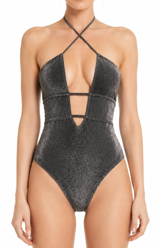 NWT Ramy Brook Marta Black Shimmer Metallic Plunge One-Piece Swimsuit Crisscross