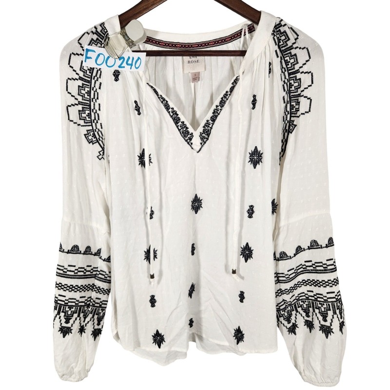 Knox Rose Embroidered Black White Bohemian Long Sleeve Peasant Blouse Size Small