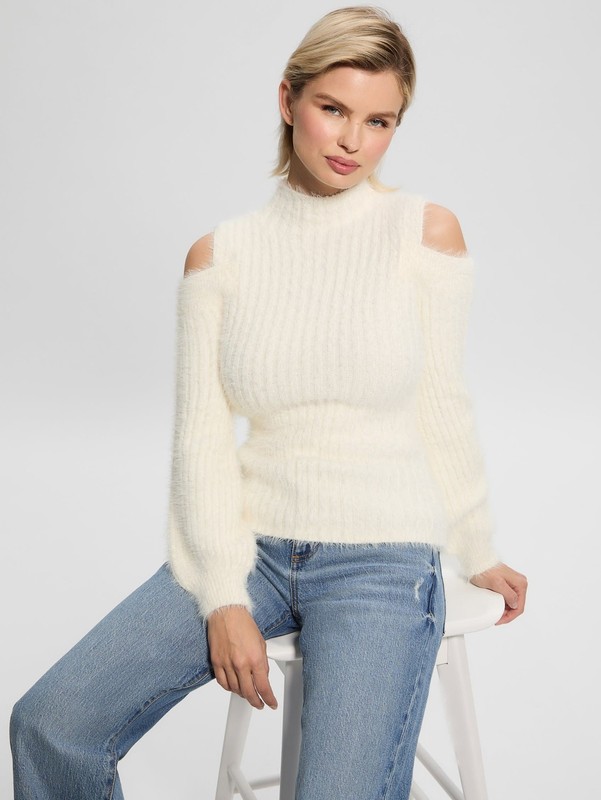 Guess Takara Fuzzy Ribbed-Knit Mock Neck Long Sleeve Sweater Women XS Dove White