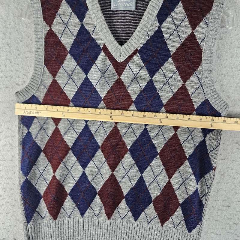 Vintage Le Tigre Sweater Vest Mens Medium Gray Blue Argyle Knit V Neck USA gallery