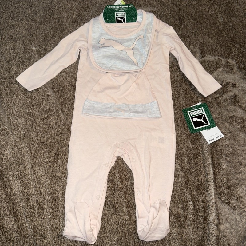 NWT PUMA Pale Pink & Heather Grey 3 Piece Newborn Set 3-6 Months Footie Bib Hat