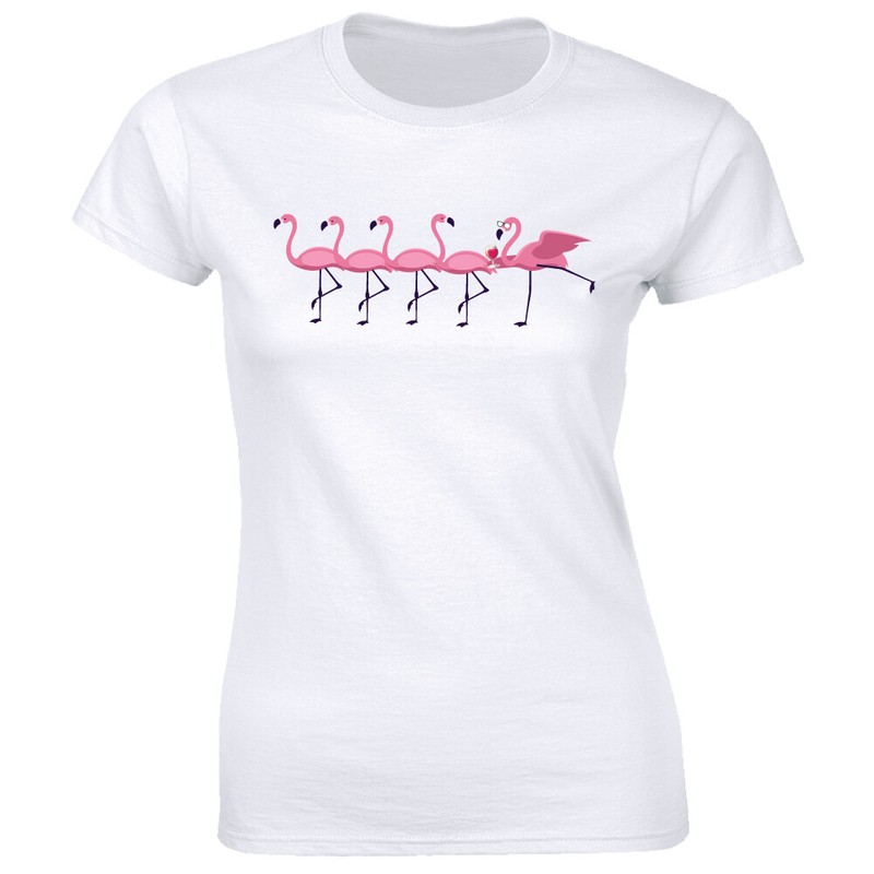 Flamingo and Wine Image Graphic Short Sleeve T-Shirt for Women Funny Cute Tee