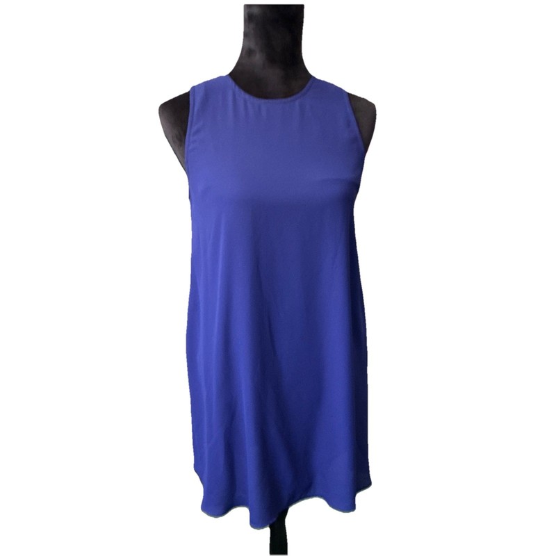 8 Blue Solid Woven Polyester Shift Dress Sleeveless Round Neck Button summer