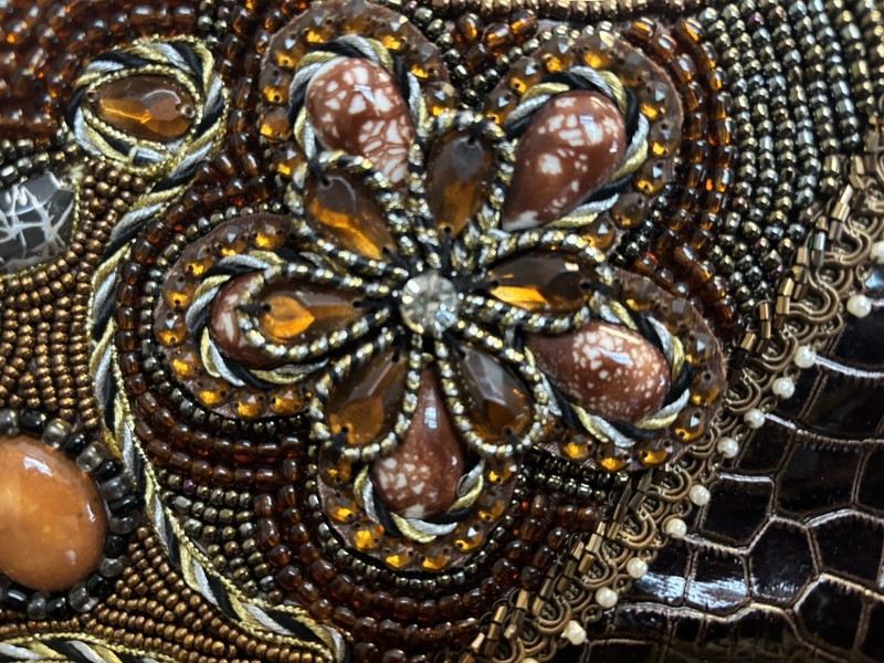 Chico's Beaded Evening Bag Brown Kiss Lock Cluch Crossbody Floral Boho Art Purse gallery
