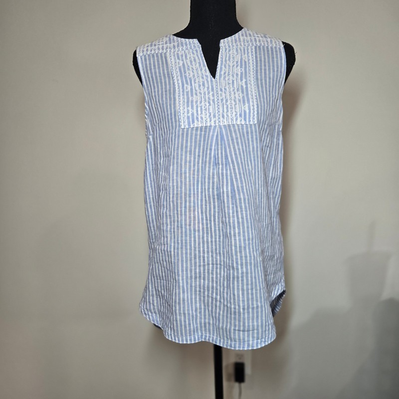 Beach Lunch Lounge Blue Striped Sleeveless Top with Embroidered Detail Size XS