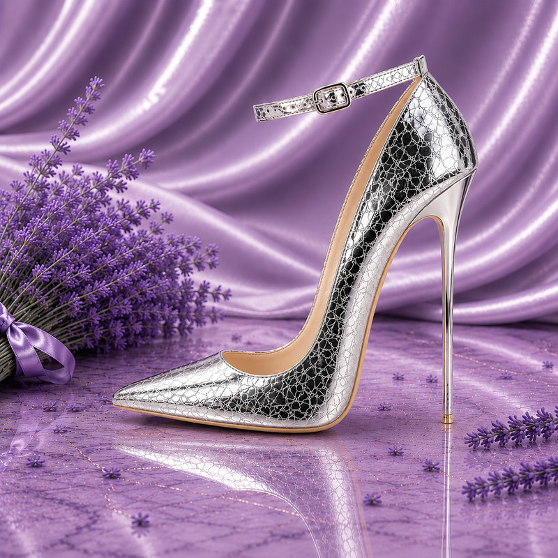 Silver Metallic Leather Stiletto Heels Pointed Toe Ankle Strap Pumps 16cm High
