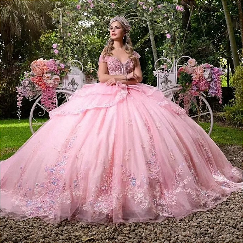 Light Pink Shiny Quinceanera Dresses Lace Beaded Bow Tiered Vestidos Tull Corset