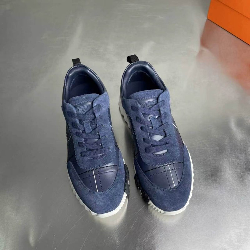 Hermes Bouncing Sneakers Navy Blue Leather Suede Men's Low Top Trainers gallery
