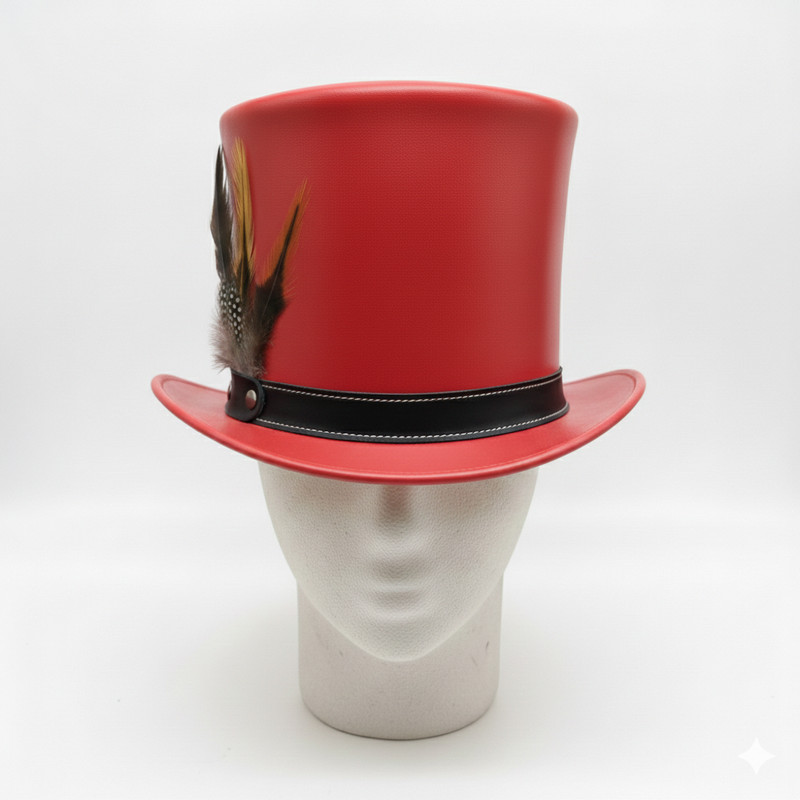 Women, men red Top Hat real Leather Fedora for Halloween, Costume Party, Cosplay