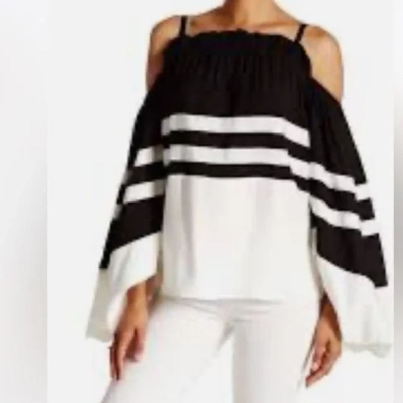TOV Holy Black and White Asymmetrical Blouse with Flutter Sleeves