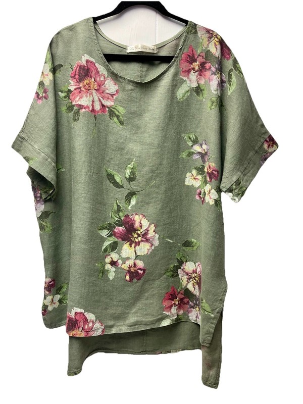 Miss Rose Sister Violet OS Green Floral Linen Tunic Blouse Italy Lagenlook Boho