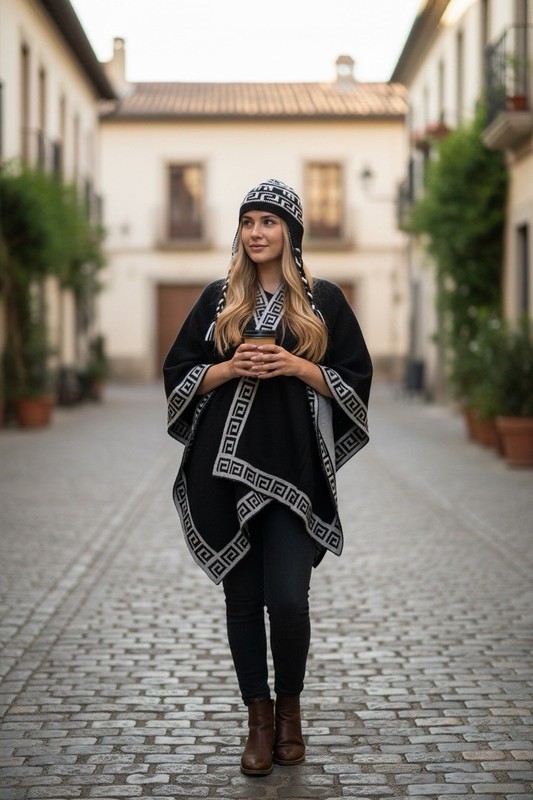 Peruvian Womens Ruana Reversible Alpaca Wool Poncho