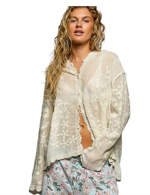 POL Bohemian Floral Embroidered Sheer Hooded Button Down Top In One Size gallery
