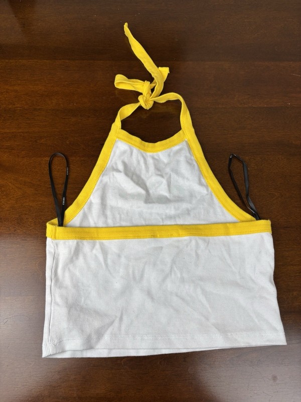 Forever 21 White/Yellow Trim Ribbed Halter Tie Tank Moxi Skates Logo M gallery