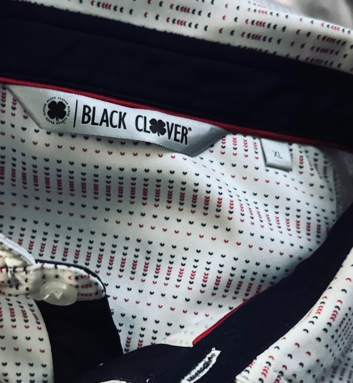 Black Clover Golf Polo Mens XL White Navy Red Clover Print EUC Performance