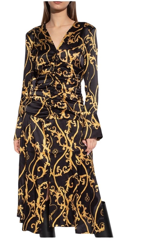 GANNI Baroque Print Silk Blend Ruched Midi Dress Black Gold EU 36 US 4
