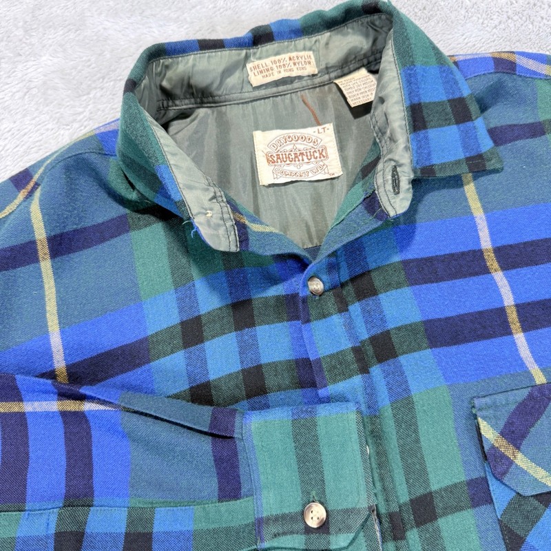 Saugatuck Dry Goods Mens LT Blue Green Plaid Lined Acrylic Button Down Shirt