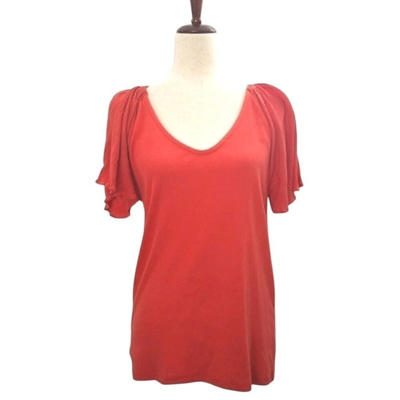 LOFT Women Coral Orange Flutter Sleeve V-Neck Ribbed Knit Top Large