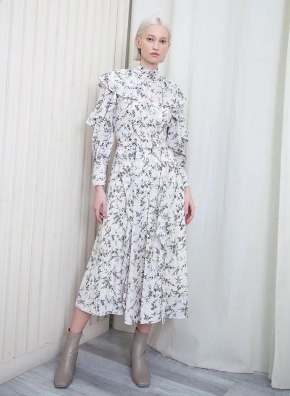 SNIDEL FRILL PRINTED FLORAL DRESS SIZE 0 SMALL WOMENS MODEST MIDI BIRDS TIMELESS