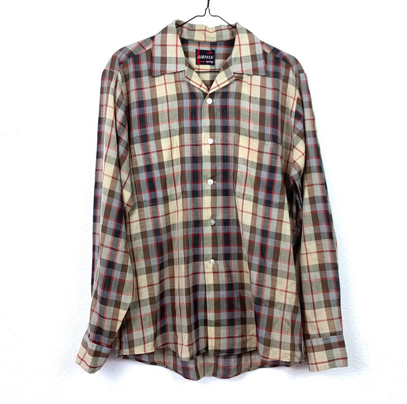 Vintage 1960s Airman Plaid Single Stitch Sheer Button Up Shirt Large XL