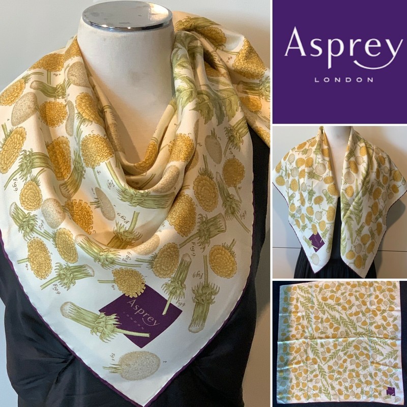 ASPREY London Botanical Ivory,Green,Yellow Silk Twill Scarf 86x86cm Handroll Hem