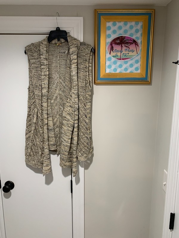Takara Open Knit Open Front Cardigan Sweater Womens XL Beige Black Lagenlook