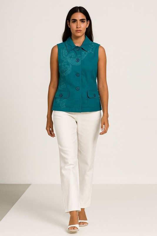 Chico’s Women’s Green Size 0/ US Size 4-6 Embroidered Sleeveless Button Up Vest