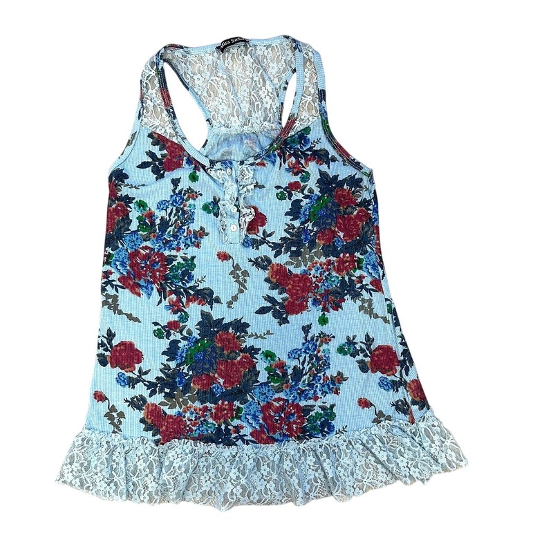 Miss SaSa Blue Floral Lace Trim Tank Top Racerback Henley Coquette Cottagecore L