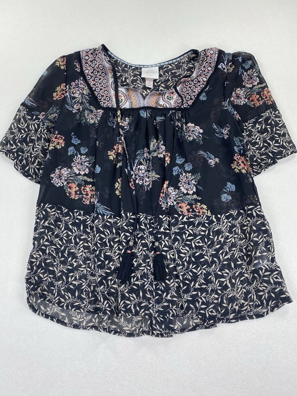 Knox Rose Women’s Sheer Top Small S Floral Short Sleeve Boho Peasant Cottagecore